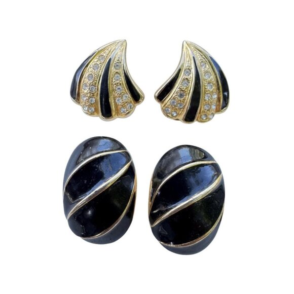 Vintage Gold Tone Clip On Earrings Black Enamel 1980s - Lot of 2 - Picture 1 of 5